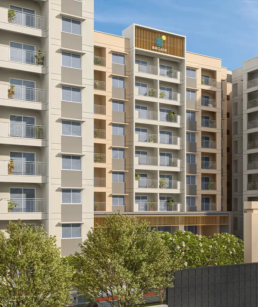 Towers and entrance of Ebony at Brigade Orchards, Devanahalli, Brigade render