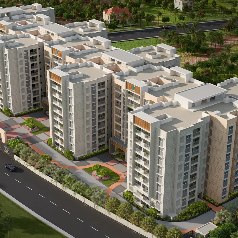 Aerial view of the Ebony towers at Brigade Orchards among trees, Brigade render