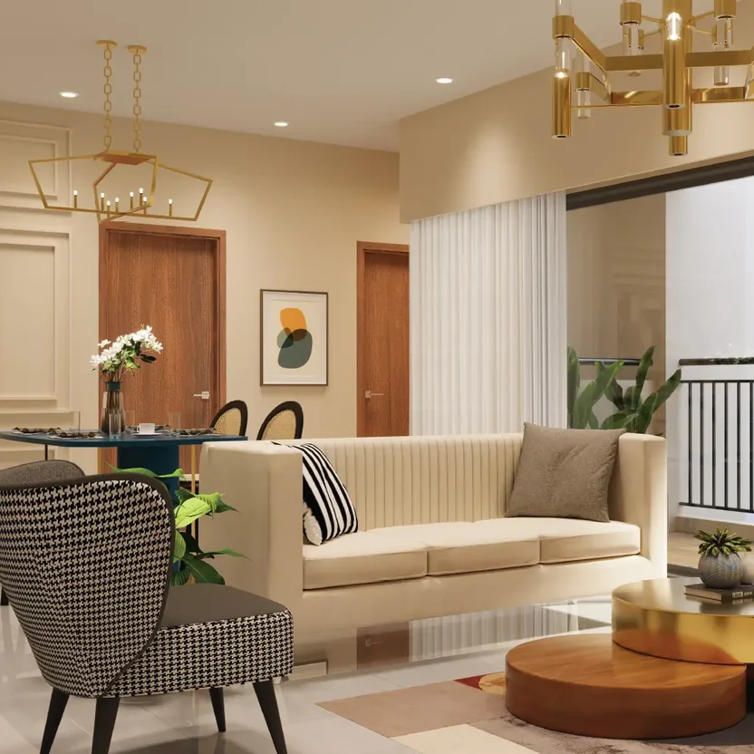 Living and dining room opening onto a balcony at Ebony, Brigade Orchards, Brigade render