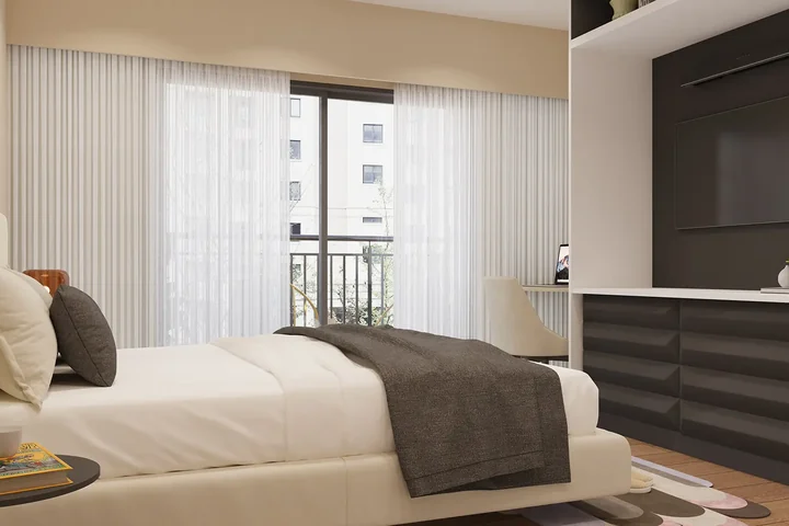 Bedroom with a balcony at Ebony, Brigade Orchards, Brigade render
